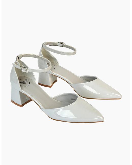 XY London White Ladies Evie Ankle Strap Low Block Heel Court Shoes