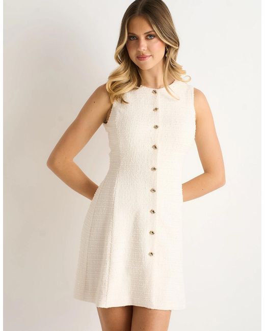 Gini London Natural Cream Textured Boucle Button-Front Mini Dress
