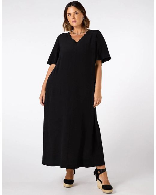 Live Unlimited London Black V Neck T-Shirt Dress Scallop Rib