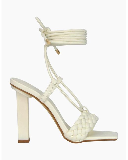 XY London White Ladies Mira Strappy Square Toe Lace Up Block Heel High Heels