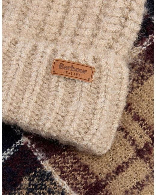 Barbour Natural Saltburn Beanie & Tartan Scarf Set