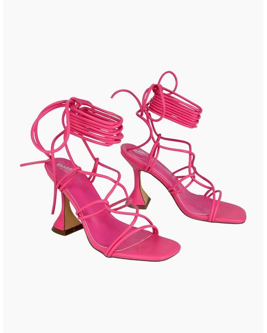 XY London Pink Ladies Briar Square Toe Lace Up Sculptured Mid Heel Sandals