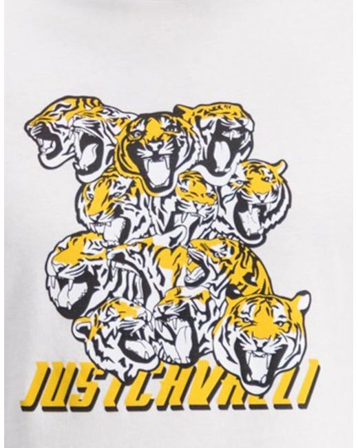 Just Cavalli White S03Gc0549 T-Shirt Tiger Short Sleeve Tops Cotton Tee for men