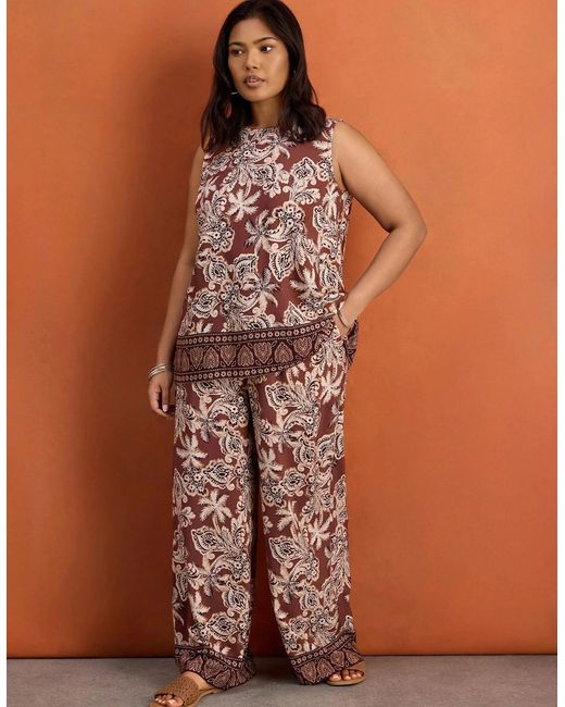 Live Unlimited London Brown Paisley Border Print Wide Leg Trousers