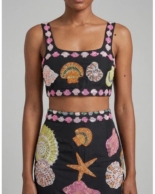 Oceanus Black New York Hand-Embroidered Top