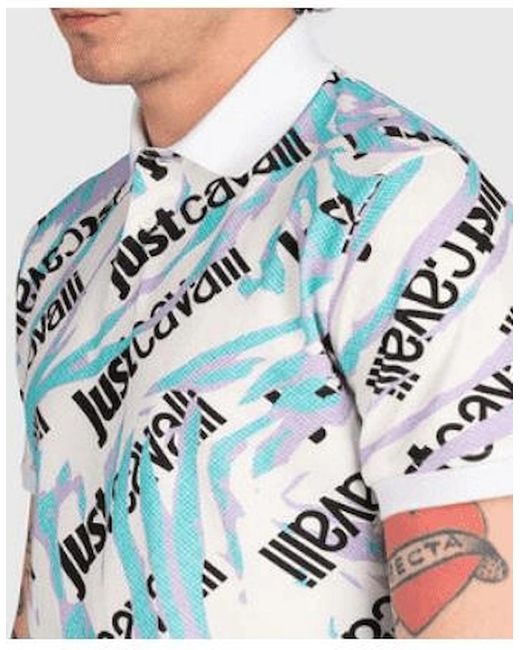 Just Cavalli Blue Camologo Cotton Allover Design Polo Shirt for men
