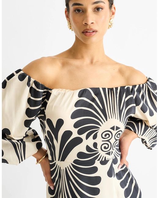 Gini London White Cream Bardot Mono Print Maxi Dress