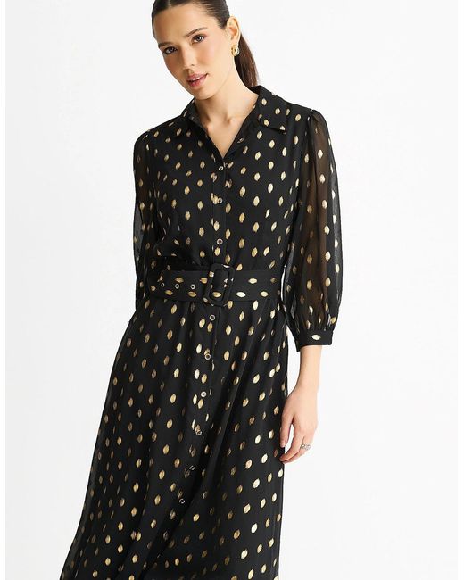 Gini London Black Chiffon Foil Belted Maxi Shirt Dress