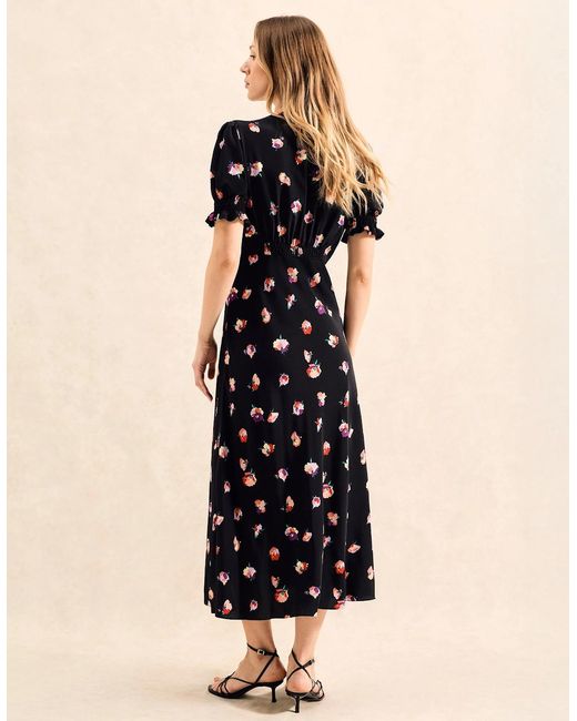 Ro&zo Black Pansy Print Shirred Cuff Midi Dress
