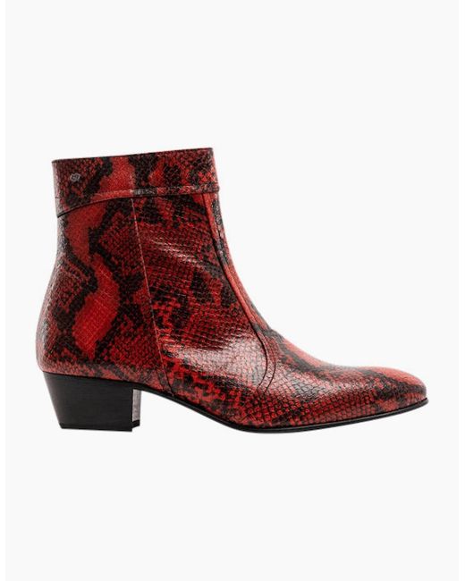 Club Cubano Red Emmanuel Snakeprint Leather Cuban Heel Boots Fuego for men