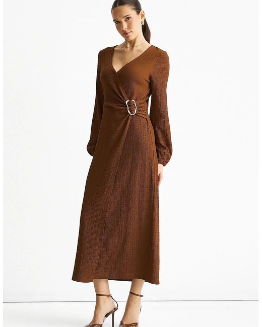 Gini London Brown Jersey Texture Wrap Metal Trim Midi Dress