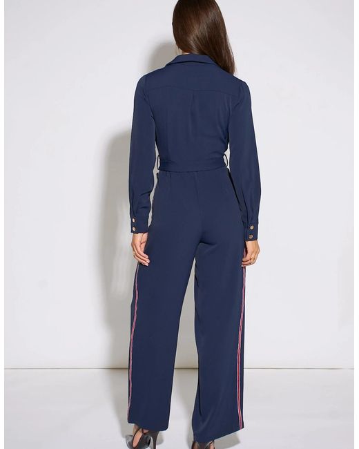 Gini London Blue Long Sleeves Side Strip Detail Jumpsuit