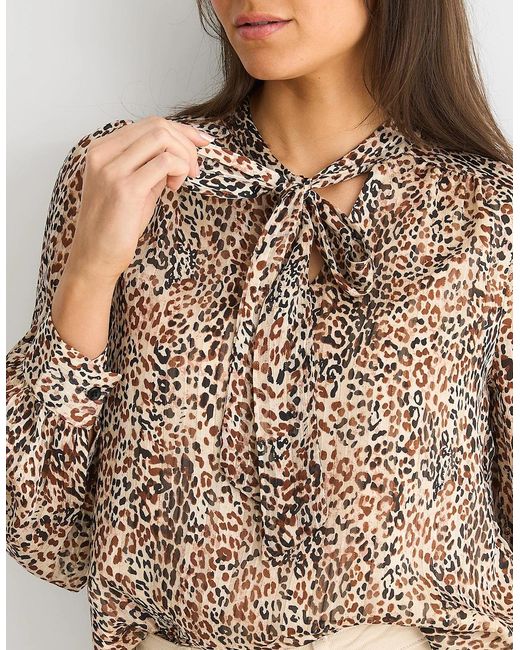 Gini London Brown Animal Print Long Sleeve Tie Neck Blouse