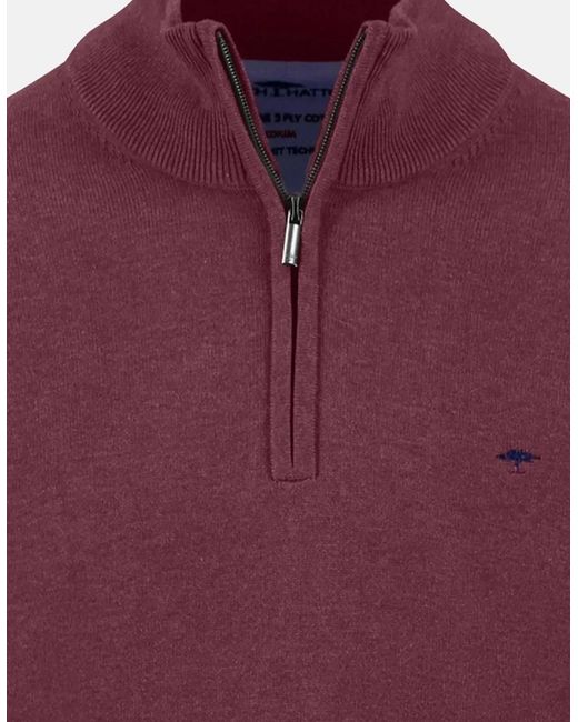 Fynch-Hatton Red Fine Knit Cotton 1/4 Zip Deep Merlot for men