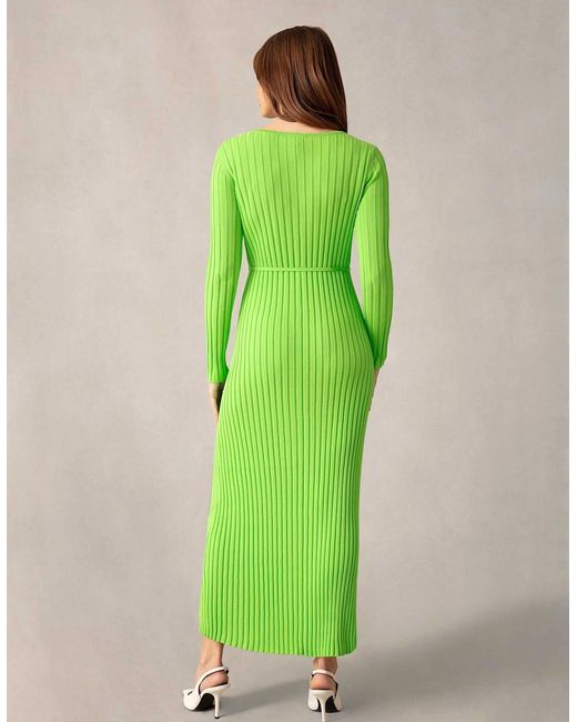 Ro&zo Green Lime Wide Rib Knit V-Neck Maxi Dress