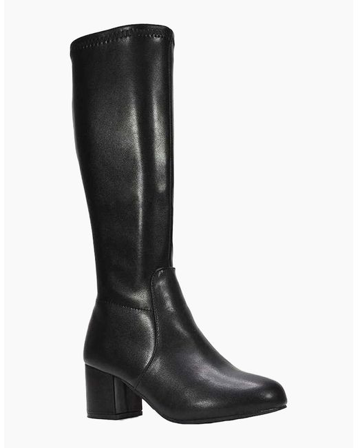 XY London Black Ladies Masie Knee-High Low Mid Block Heel Boots