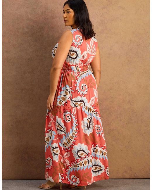 Live Unlimited London Orange Coral Paisley Print Tiered Maxi Dress
