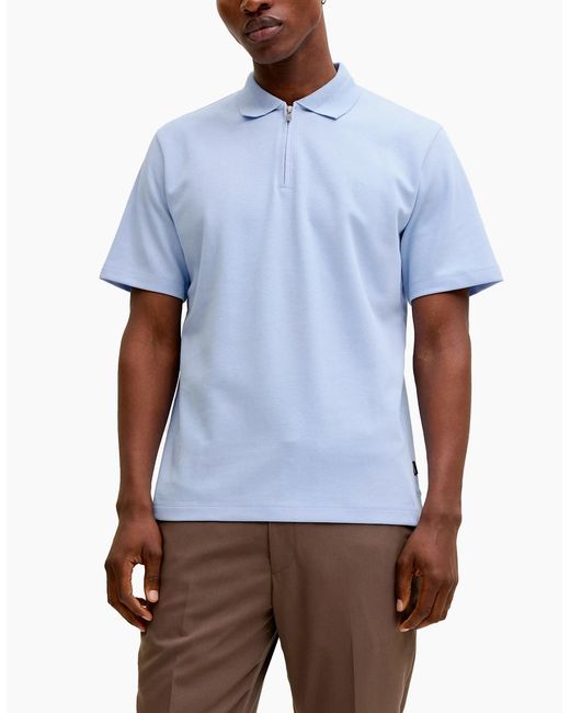 Jack & Jones Blue Jprblaethan Short Sleeve Zip Polo Chambray for men