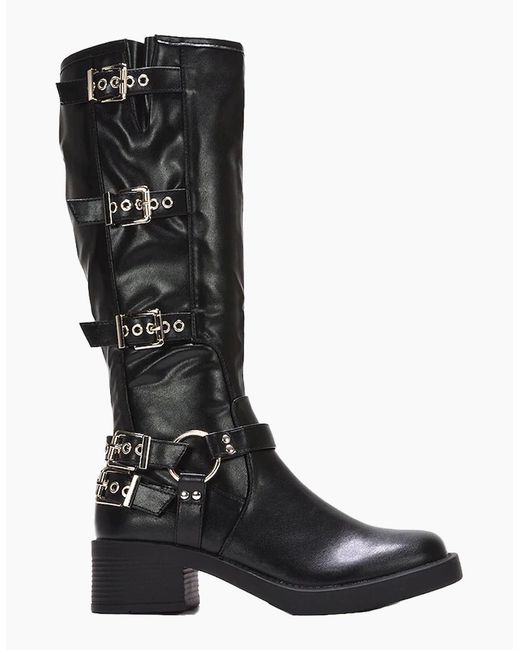 XY London Black Ladies Cobra Square Toe Mid Block Heel Biker Boots