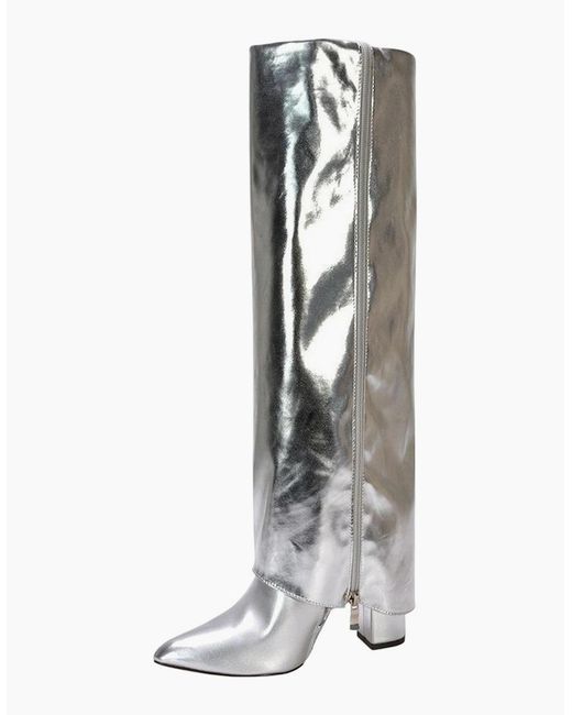 XY London White Ladies Allie Fold Over Metallic Pointed Side Zip Knee-High Boots