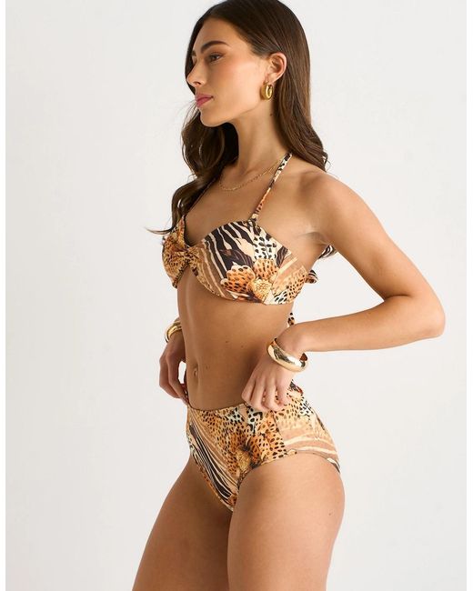 Gini London Natural Animal Floral Print Twist Front Bikini Top