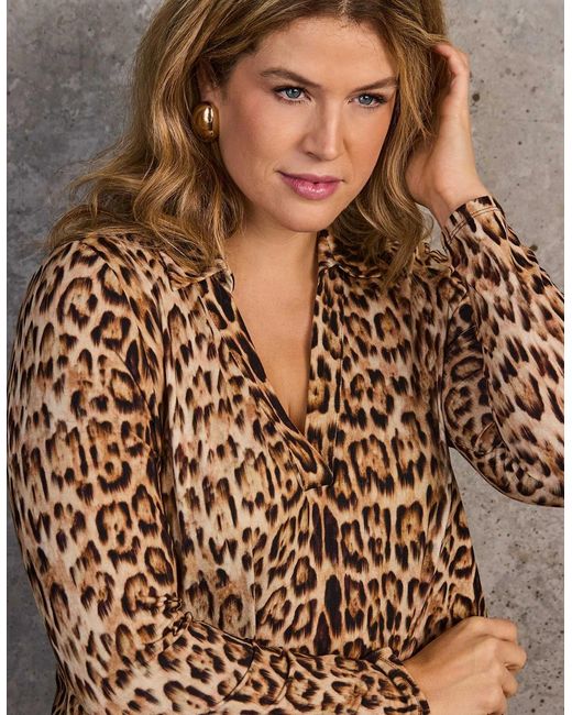 Live Unlimited London Brown Animal Print Long Sleeve Jersey Polo Neck Top