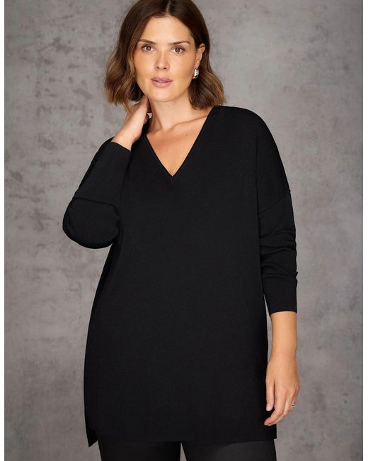 Live Unlimited London Black Ribbed Detail V Neck Knit Tunic
