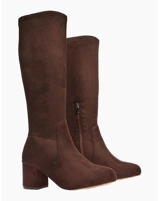 XY London Brown Ladies Masie Knee-High Low Mid Block Heel Boots