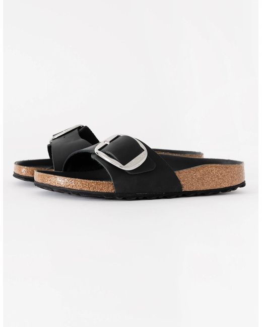 Birkenstock Madrid Black Big Buckle Oiled Leather Sandals