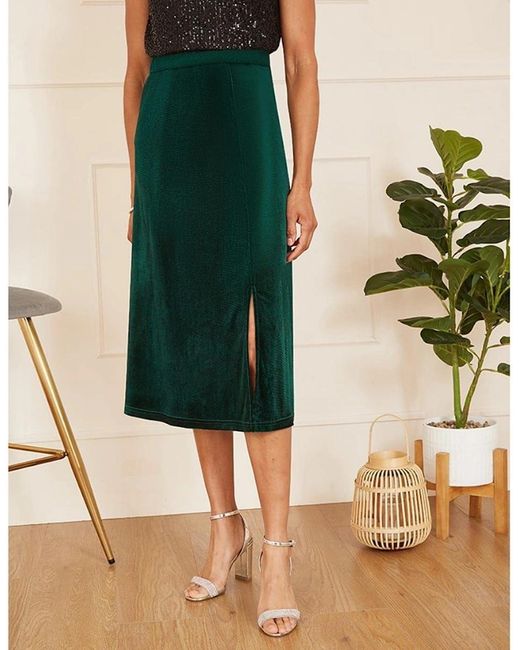 Yumi' Green Velvet Midi Pencil Skirt