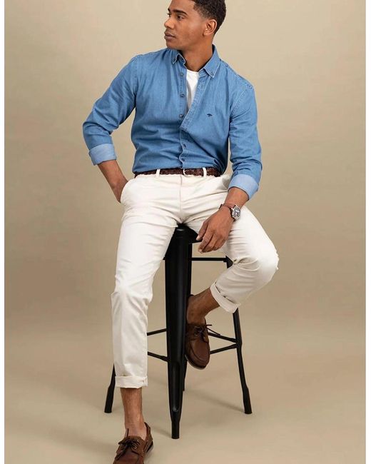 Fynch-Hatton Blue Button Down Denim Shirt Crystal for men