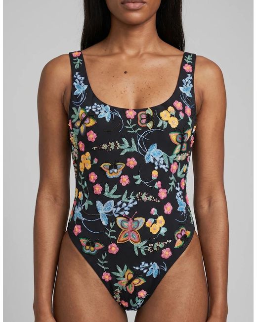 Oceanus Blue Alabama Floral Hand Embroidered One Piece Swimsuit Multi Colour
