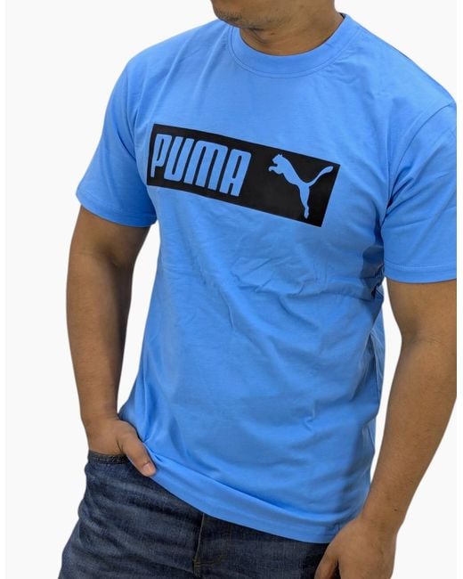 PUMA Blue Essentials Logo T Shirts Crew Neck Pullover Casual Cotton Sports Tee for men