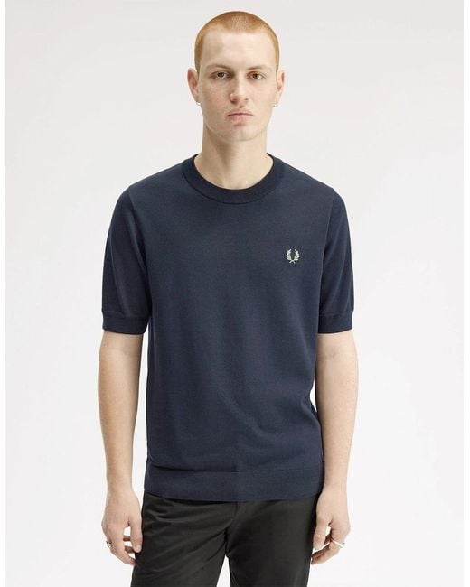 Fred Perry Blue Cotton Knitted T-Shirt for men