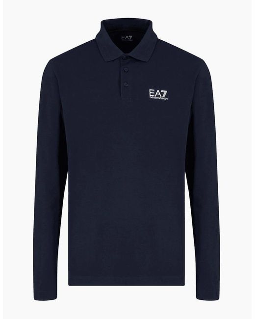 EA7 Blue Long Sleeve Pique Cotton Polo Shirt for men