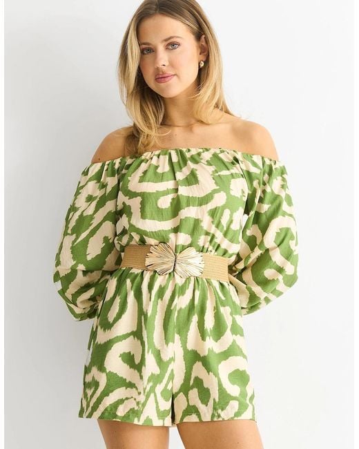 Gini London Yellow Abstract Belted Bardot Viscose Playsuit