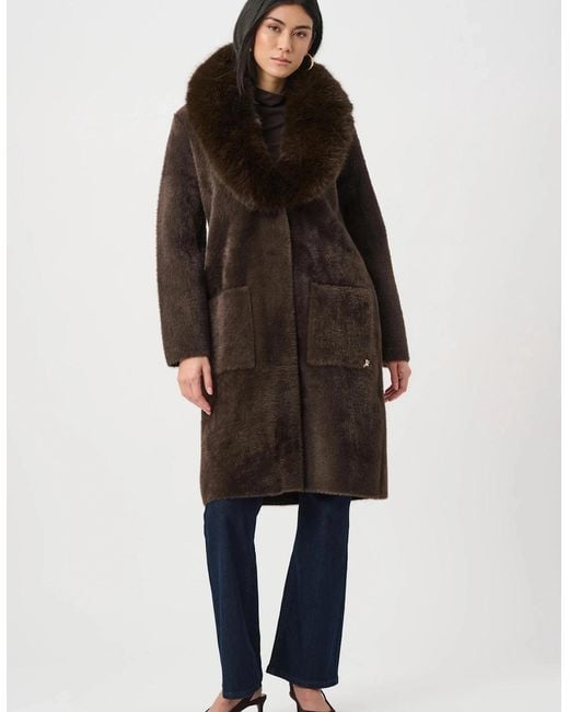 Joseph Ribkoff Brown Feather Yarn Knit Coat With Detachable Fur Collar