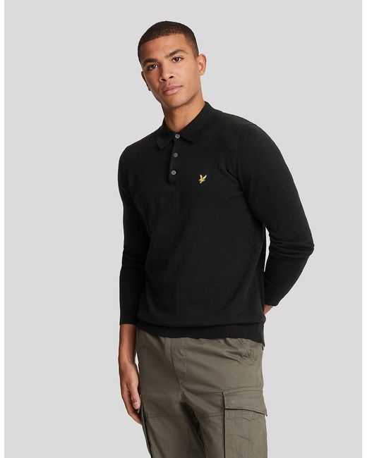 Lyle & Scott Black Merino Blend Long Sleeve Polo Shirt for men