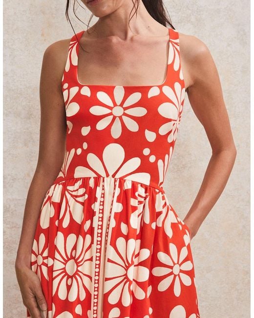 Ro&zo Red Petite Raya Floral-Print Square-Neck Cotton Dress