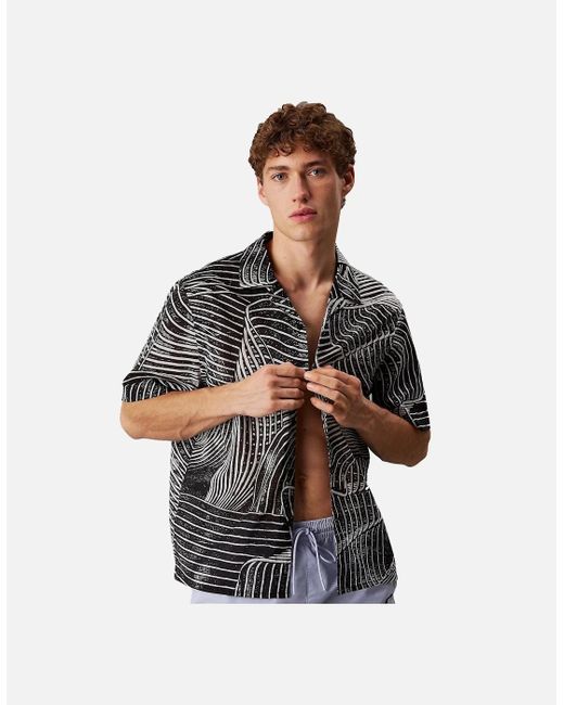 Calvin Klein White All Over Printed Beach Shirt Palm Leaves Aop for men