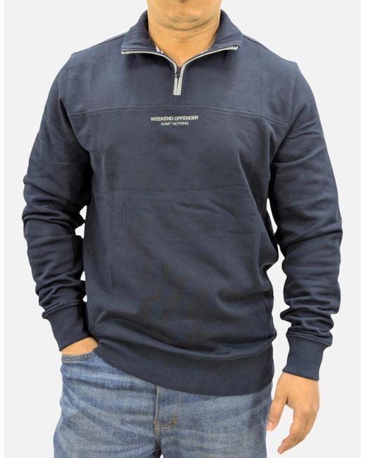 Weekend Offender Blue Sweatshirt Quarter Zip Pullover Plain Jumper Cotton for men