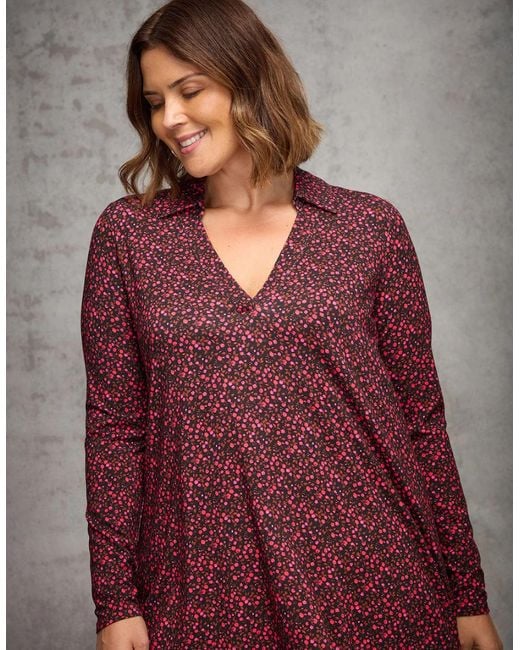Live Unlimited London Red Ditsy Floral Print Jersey Polo Collar Tunic