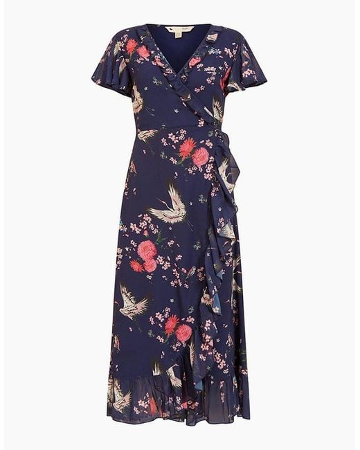 Yumi' Blue Crane Print V-Neck Midi Wrap Dress