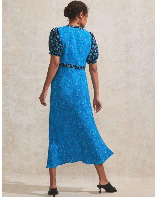 Ro&zo Blue Contrast Ditsy-Print Puff-Sleeve Midi Dress