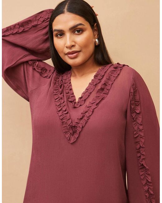 Live Unlimited London Red Burgundy Frill Trim V Neck Blouse