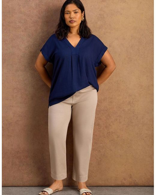 Live Unlimited London Blue Petite Linen Blend V-Neck Top