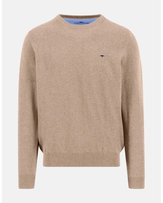 Fynch-Hatton Natural Fine Knit Cotton Crewneck Sweater Taupe for men