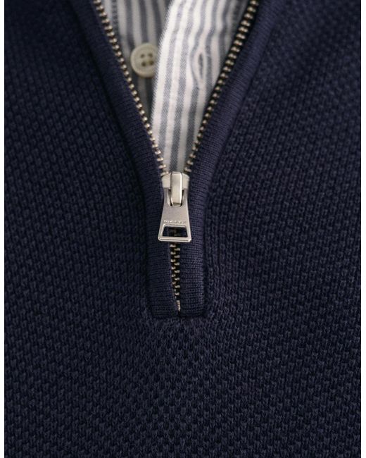 Gant Blue Cotton Pique Half Zip Jumper for men