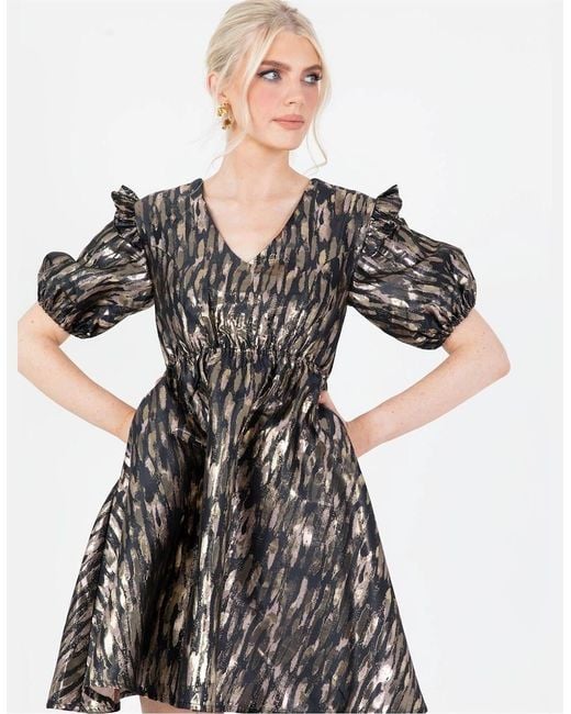 Lovedrobe Metallic V-Neck Short Sleeve Mini A-Line Dress