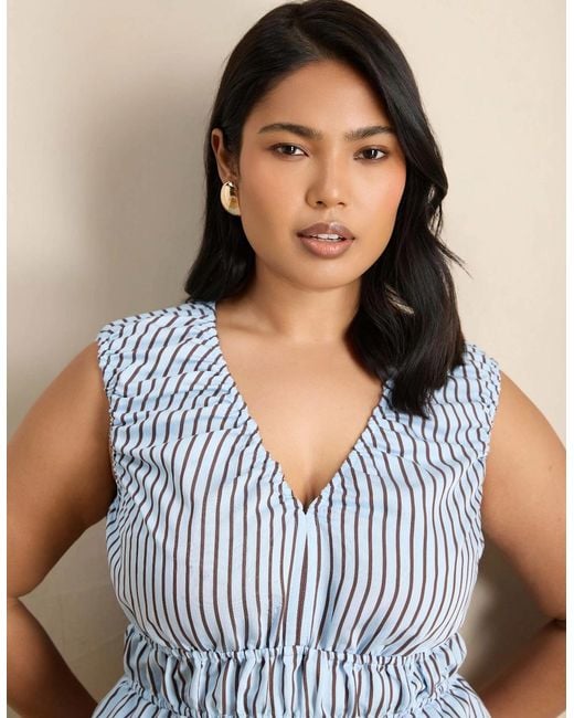 Live Unlimited London Blue And Chocolate Stripe V Neck Elasticated Peplum Top